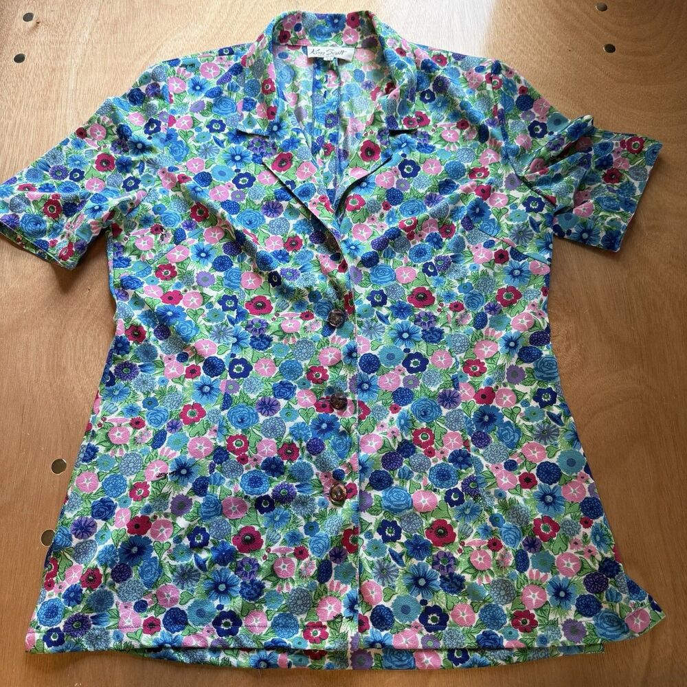 Vintage Ken Scott Floral Blouse Short Sleeve Button Up Shirt Italy Size 44